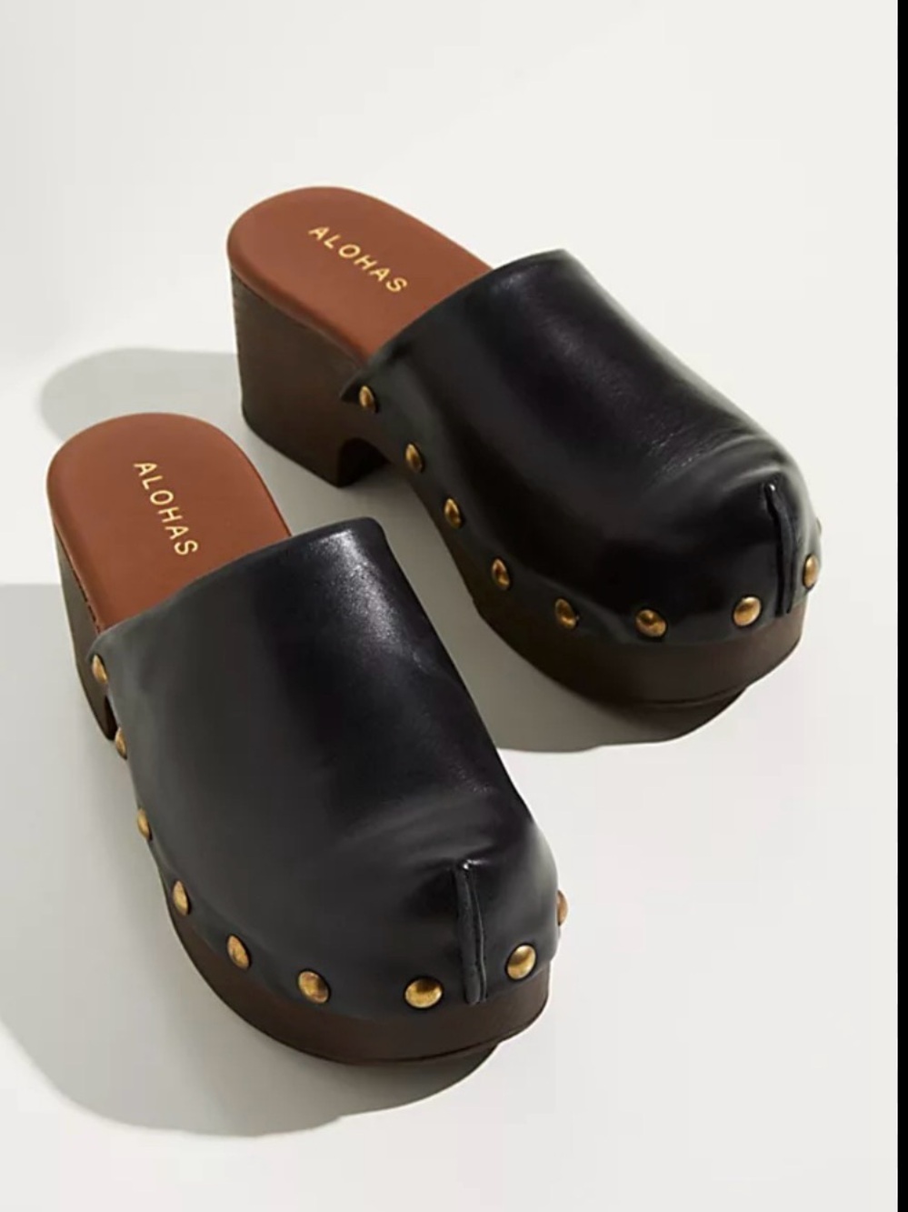 Alohas Womens Harley Studded Leather Wooden Platform Clogs Black Brown Size 38